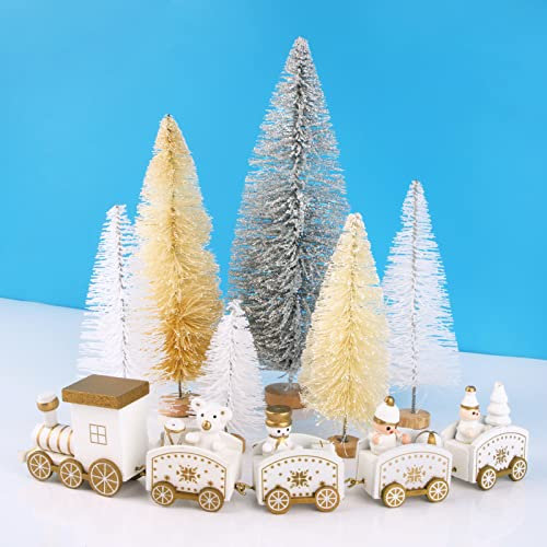 COLOFALLA Tren Navidad Madera + 6pcs Mini Árbol de Navidad Adornos Pequeños para Decoración Navidad Mesa Chimenea Estante (Blanco)