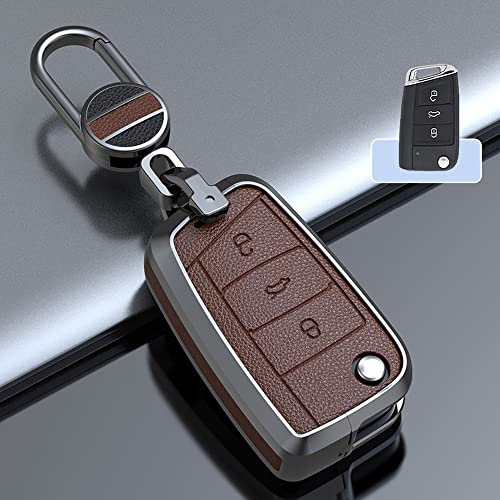 ontto Housse de clé de Voiture Compatible avec VW Golf 7 MK7 Jetta T-ROC Seat Leon 3 Ibiza Ateca Skoda Fabia Karoq Métal Cuir Porte-clés Protection de clés Marron