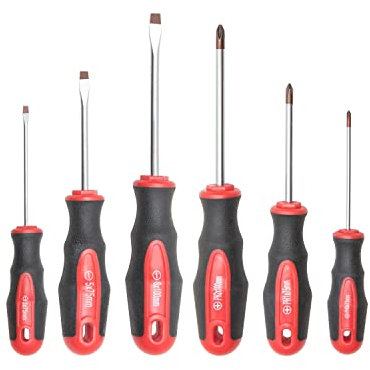 ROTATION 6-teiliges Schraubendreher-Set mit magnetischer Spitze, 3 Kreuzschlitz- und 3 flache, rote Spitze, rot, glänzend, S2-Stahl