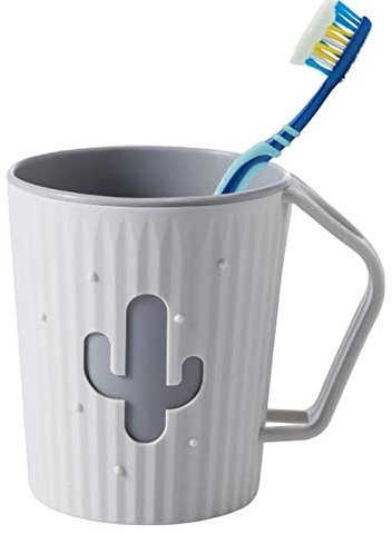 Pomurom Zahnputzbecher | Stabiler und stapelbarer Zahnputzbecher mit Schlitzgriff - Zahnbürsten- und Zahnpastahalter im Kaktus-Look, Weiß