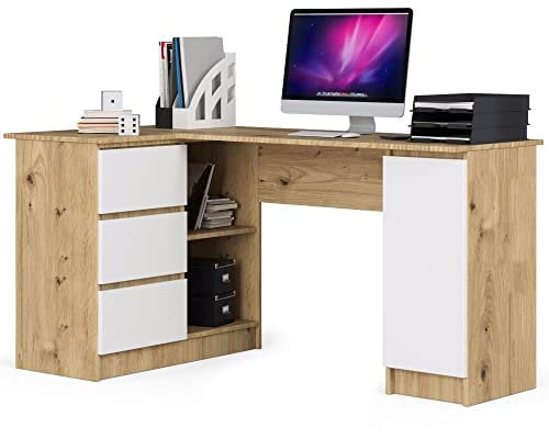 AKORD Eck-Schreibtisch B-20 mit 3 Schubladen, 2 Ablagen und einem Regalfach mit Tür | Schreibtisch | Eck Schreibtisch für Home Office | B155 x H77 x T85, 60 kg | Eiche Artisan & Weiß Front