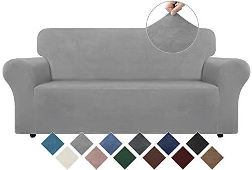 WEERRW Samt-Couchbezug, hochelastische Sofa-Schonbezüge mit rutschfestem Schaumstoff und elastischer Unterseite, Möbelschutz für Haustiere, aus weichem Plüschstoff, Silber, Größe M