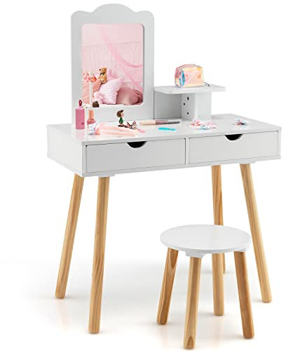 COSTWAY 2 in 1 Set Toeletta per Bambini, Postazione Trucco in Legno con Sgabello, Specchio Rettangolare Staccabile e 2 Cassetti Capienti, Ideale per Bambini dai 3 ai 7 Anni, 70 x 37 x 100 cm (Bianco)