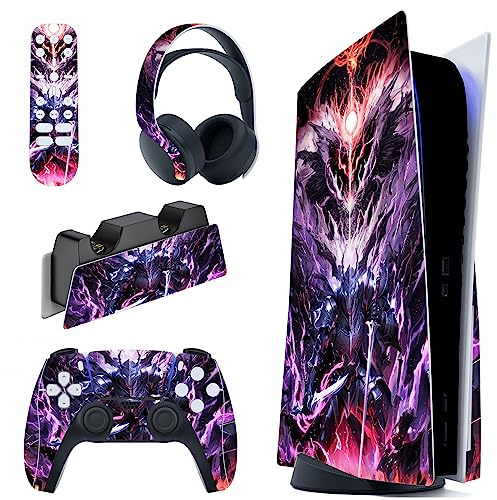 PlayVital Evil Knight Full Set Skin Decal for PS5 Console Disc Edition, Sticker Vinyl Decal Cover for PS5 Controller & Charging Station & Headset & Media Remote