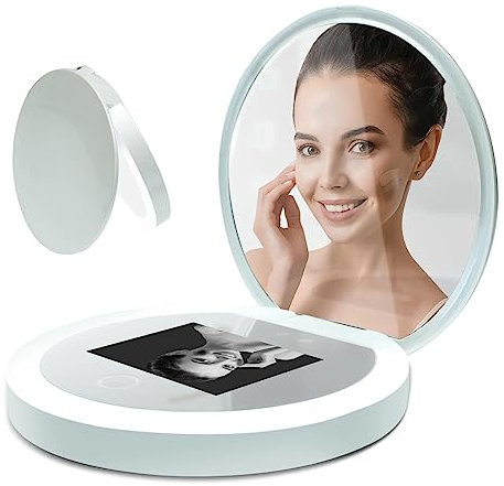 Compact Mirror with UV Camera and Light, Portable Travel Mirror for Sun Protection, 1.2X Magnification, 3-level Brightness Adjustable, Anti-fingerprint LED Beauty Makeup Mirror for Handbag Pocket