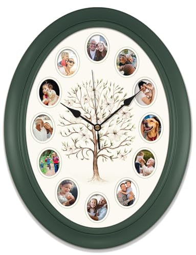 Mark Feldstein & Associates Family Tree Personal Photo Frame Oval Wall Clock, 14 Inch, Customize with Your Photos of Loved Ones