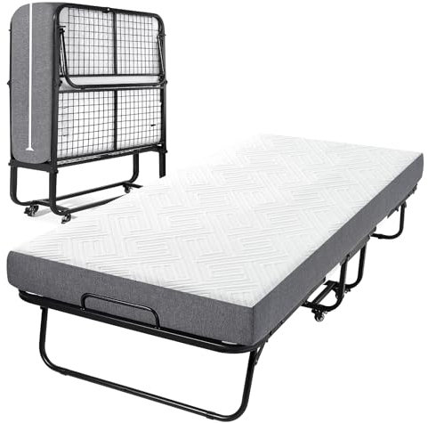Gunuss Cama Plegable 90x200 cm con Colchón Viscoelástico de 13 cm | Plegatin Metálico con Ruedas | Cama Supletoria Plegable para Invitados y Espacios Reducidos