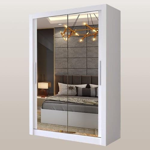 ZIUSA Wardrobe - Mirrored Sliding Door Wardrobe With Cabinet & Hanging Rails For Bedroom & Living Room Furniture (White, 90 CM)
