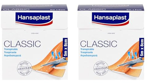 Hansaplast Classic Pflaster (5 m x 8 cm), zuschneidbare Wundpflaster mit extra starker Klebkraft, flexibles und atmungsaktives Verbandsmaterial (Packung mit 2)