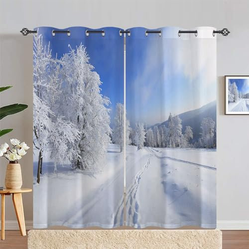 ANHOPE Winter Natur Schnee Baum Berg Vorhänge mit Ösen Weich Gardinen Blickdichte Thermo Vorhang Blackout Curtain Schlafzimmer Wohnzimmer Verdunklungsvorhänge 2er Set H 245 x B 200 cm