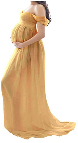 Pesoncarl Robe de maternité en Mousseline de Soie pour Femme, épaules dénudées, Photographie, Robe Longue, Robe de Grossesse, Jaune M, Robes de maternité pour invités de Mariage
