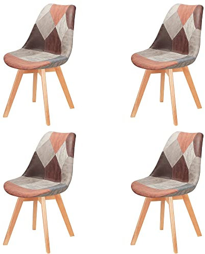 GroBKau 4 Chaises Salle à Manger Lin Patchwor Scandinaves Lot de 4 Chaises de Cuisine Rétro Rembourrée Chaise de Salle de Bureau, Pieds en Bois de Hêtre Massif