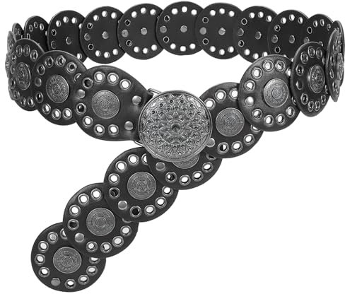 JasGood Breite Scheibengürtel für Damen Leder Aushöhlen Runde Gürtel Western Cowgirl Gürtel Damen Concho Vintage Boho Disc Ledergürtel Verstellbare Taillengürtel für Kleider,Schwarz,125cm