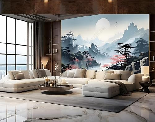Fototapete 3d effekt tapete Kiefer, Mond, Berg und Wasser Vlies Tapeten Wandtapete Wohnzimmer Schlafzimmer Wand Dekoration Moderne 350CM(B)*256CM(H)