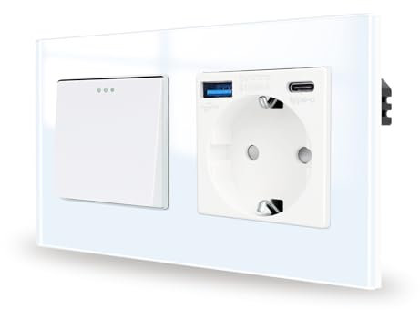 JIMEIDA Lichtschalter mit Steckdose 20W Schnellladung Weiß mit USB Ports (USB A und Type C) 1 Fach 1 Weg Unterputz Glas Steckdose Taste Schalter 157 * 86MM,10 Amp,250 V