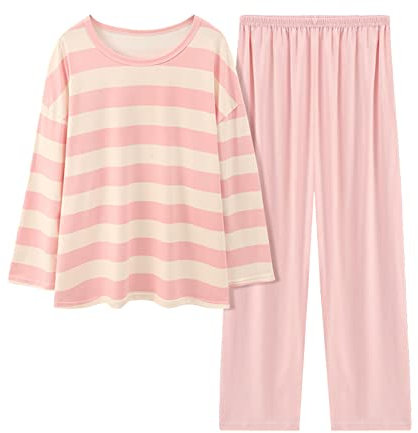 Ensemble de pyjama en coton pour femme à manches longues - Haut à manches longues - Col rond - Pull dégradé et bas de pyjama ample - Doux et respirant, rose, XXL