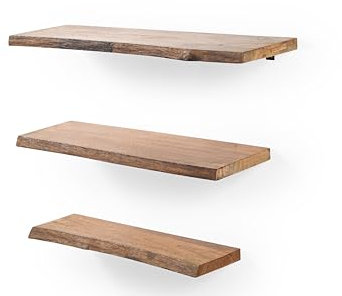 iAnanas Schwebende Regale, 3er-Set Wandregale aus massivem Holz, einfach zu montieren, rustikale Holzregale für Schlafzimmer, Wohnzimmer, Küche, Heimbüro braun, große Regale für Deko und Aufbewahrung