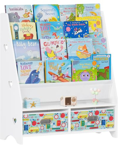 Lerliuo 5 Tier Kids Bookshelf, White Children Sling Book Shelf with 2 Drawers, Baby Toddler Wooden Bookcase and Book Rack, Display Shelves Storage Organizer for Classroom, Playroom, Bedroom, Nursery