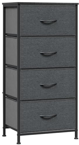 WOLTU Kommode schmal, Kommodenschrank mit 4 Schubladen aus Stoff, Sideboard Aufbewahrungskommode für Schlafzimmer Wohnzimmer Flur, industrieller Stil, Schwarze Holzoptik+Dunkelgrau, SSK011szdg