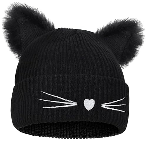 Binnan Warme Wintermütze mit Katzenohren,Mütze Damen Katzenohren Mütze Katze,Katzenohren-Beanie-Mütze,Katzenmütze Stickereimütze Herbst und Winter Warme Pullover Mütze für Winterliche Wärme