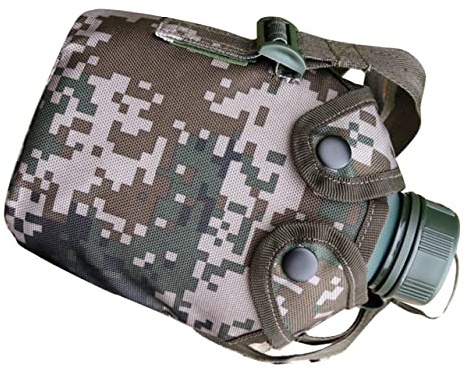 Gourde Camouflage 1 L en Alliage D’Aluminium Pochette Toile | Anti-fuite et Robuste, Fermeture Pression, Crochet Intégré, pour Randonnée, Camping, Usage
