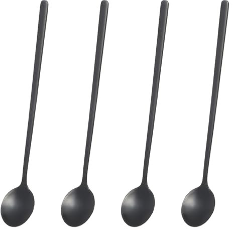 Nogeqi 4 cucharas de café negro mate de acero inoxidable, cucharas largas de espresso, cucharas de café expreso de 17,5 cm/6,89 pulgadas para café helado, té helado, batido, helado, taza de helado