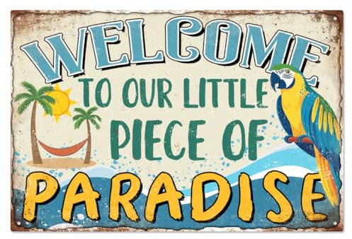 WADORN Willkommen Strand Metall Blechschild, 20x30cm Lustiges Retro Blechschild 'Willkommen In Unserem Kleinen Stück Paradies' Für Bars Cafés Pubs Zuhause Wanddekoration Poster Plakette Für Zuhause