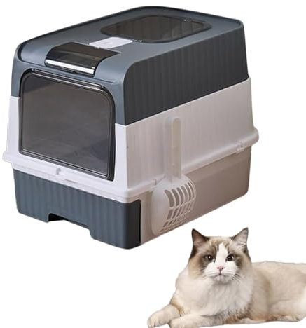 Cat Litter Box with Scoop, Top Entry Litter Box, Large Foldable Litter Box with Lid, Front Entry Top Exit Kitty Box, Odor Control, Easy to Clean (Grey)