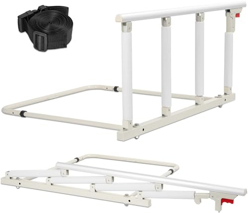 OUUTMEE Bettgitter 93x46 cm klappbar mit Aufstehhilfe Weiß | Extra lange Bettstütze、klappbares Design、Befestigungsgurt für mehr Sicherheit beim Aufstehen und Liegen