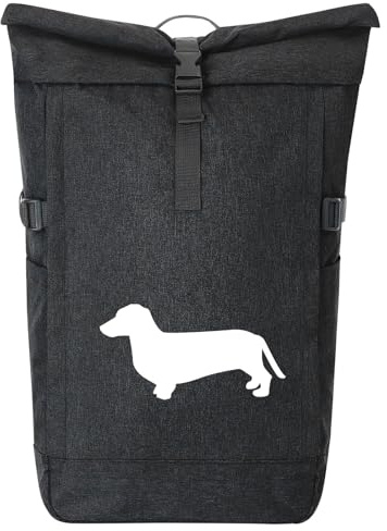 Huuraa Kurierrucksack Dackel Silhouette Geschenk | 30-44 Liter Backpack Black Melange Fairtrade Rolltop Rucksack Geschenkidee Schwarzer Laptop-Rucksack passend für 17-Zoll