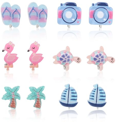 Mikovivi 6 Paar Ohrringe Kinder Clips, Ohrclips aus Kunstharz Muster mit Meeresschildkröten Segelboot und Mehr Nicht Durchdringender Schmuck Schmuck mit Strandmotiven für Mädchen (6 Stile)