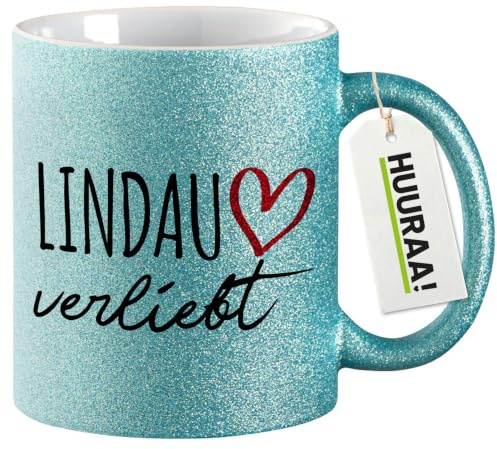 Huuraa Glitzertasse Lindau Bodensee verliebt Geschenk | Motivtasse 330ml Glitzer Tasse mit Spruch Blau Keramik Kaffeebecher Geschenkidee Blue Glitter Becher mit Motiv