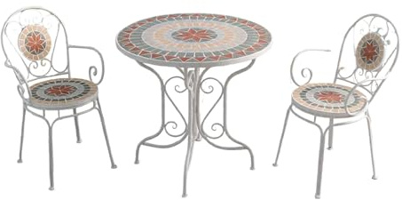 Labasuan 3-teiliges Mosaik-Bistro-Set, Mosaikfliesen-Möbel, 2-Sitzer-Set mit runder Tischplatte und Stühlen mit Eisengeflecht-Sitzfläche, für Garten, Terrasse, Balkon, Outdoor-Möbel(White)