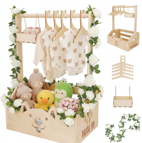 Gueiddi Baby-presentset för nyfödda, Personaliserade babypresenter för flickor & pojkar Boho baby presentkorg med handtag, klädhängare och dekoration Perfekt för babyshower & dop (Vit ros-träkista)