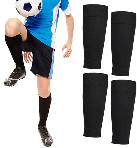2 Paires de Chaussettes de Football, Noir Manchons de Jambe de Compression, Chaussette Couper Foot, Football Protège Tibia Chaussette pour Former et Concours