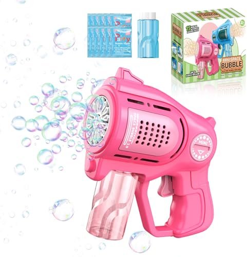Pistola de Burbujas para Niños, 15 Hoyos Maquina Burbujas de Jabon Automática,130ml Solución, Juguete para niños y Adultos Regalo Cumpleaños Verano, Jardin Exterior, Recuerdos de Fiesta Boda, Rosa