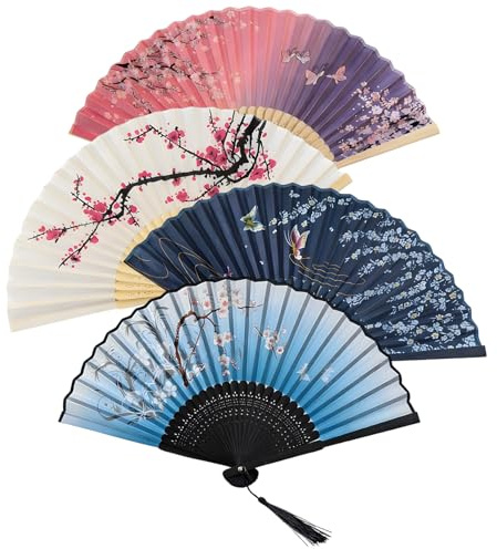 JORcadis Hand Fan Folding, Paper Fan, Set of Four Traditional Style Fans, Elegant Design Suitable for Various Occasions, Portable Decorative Accessory with Classic Patterns