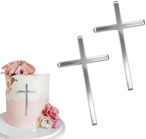 2 Stück Cake Topper Kommunion Tortendeko Kreuz Silber Kommunion Deko | Torte Taufe Kreuz Tortendeko Acryl Cake Topper Taufe für Taufe Kommunionfeier Konfirmation Hochzeit Kuchen Deko