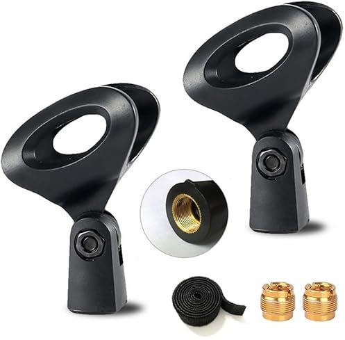 Tencro Universal Microphone Clip Mic Holder with 5/8 Male to 3/8 Female Thread Metal Screw Adapters and Fastening Cable Straps for Microphone Stand, Handhold Microphone - 2 Pack