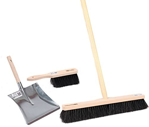 BawiTec Roßhaar Besen Set, hochwertiger Kehrbesen mit weichen Rosshaar-Naturhaar-Borsten, 60cm Breit/Lang, mit Stiel Besenstiel 140cm, Handfeger und Metall-Kehrblech, für Haus, Büro, Lager etc..