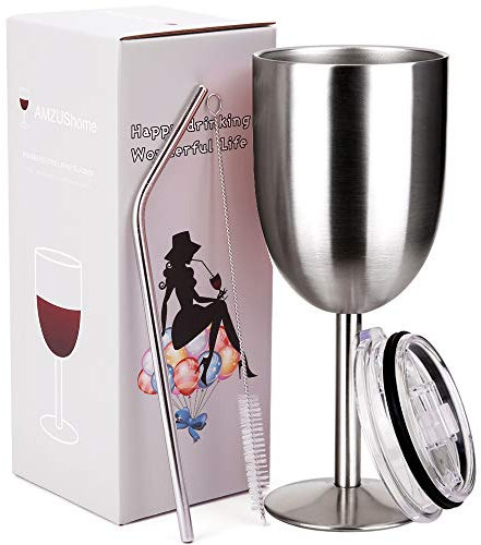 Amzushome Verre à vin en acier inoxydable – Double Paroi isotherme incassable Verre à vin avec couvercle et paille (283,5 gram) Argenté