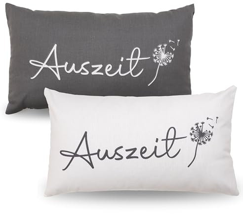 Bada Bing 2er Set Deko Kissen Auszeit in grau weiß - Design mit Spruch - hochwertiges Wendekissen mit Bezug - Kuschelkissen Baumwolle Reißverschluss - Sofakissen 30 x 50 cm mit Füllung