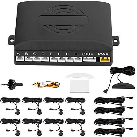 Car Reverse Backup Parking Sensor System Universal LED Parking Detector Monitor with 8 Sensor, 12V DC, 0.3-2.5m