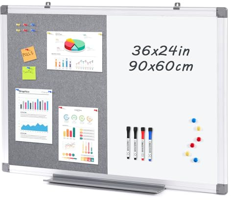 MAKELLO Notice Board Whiteboard 90X60cm, Combination Board, Grey Felt Board | Magnetic, Smooth Writing, Dry Erase, Aluminum Frame, Wall Mount, Whiteboard and Pin Board Combo for Office, School, Home
