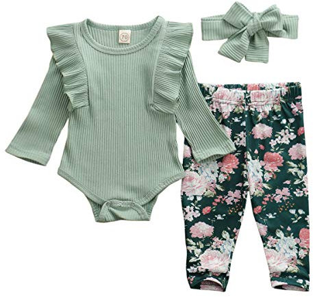 Geagodelia Babykleidung Set Baby Mädchen Langarm Body Strampler + Blumen Hose + Stirnband Neugeborene Kleinkinder Warme Babyset Kleidung T-38207 (0-6 Monate, Grün)