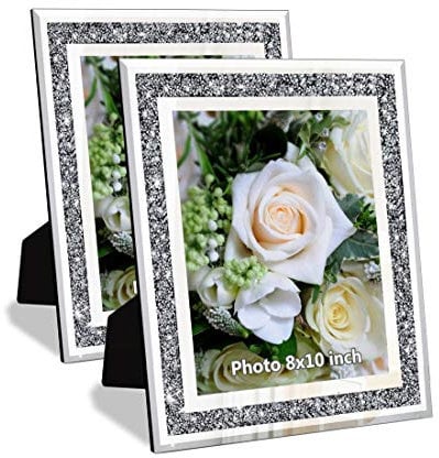 ALLARTONLY Crushed Diamond Hochzeitsspiegel-Bilderrahmen, Kristall-Silberglas-Bilderrahmen für Fotogröße 20,3 x 25,4 cm, 2 Stück, Tischständer und Wandrahmen, glitzernde Diamanten, Heimdekoration.