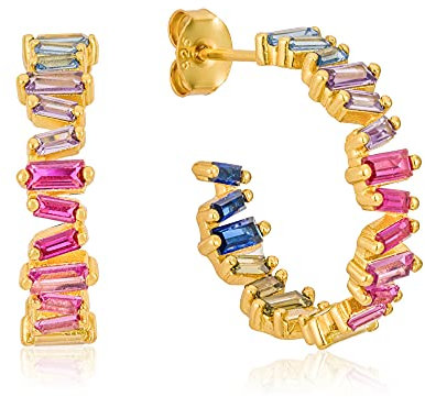 Brandlinger ® Ohrringe Silber 925. Creolen mit Stein Farbverlauf Regenbogen bunt. Schmuck Damen vergoldet mit 18 Karat Gold für Frauen und Mädchen. Äußerer Durchmesser 23mm. (Satte Farben)