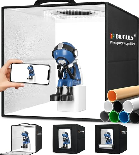 DUCLUS Light Box Photography, 12x12 Photo Booth Box with 120 LED Lights Dimmable & CRI＞95, Portable Lightbox with 8 Backdrops for Mini Product Photography: Jewelry, Cards, Watches