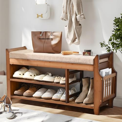 PETKABOO Bamboo 2-Tier Shoe Storage Bench with Hidden Drawer and Side Holder, Brown, 39.4 x 19.7 x 11.8, 26.5 lbs, 400 lbs Weight Capacity