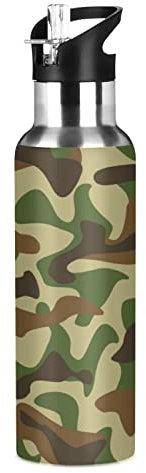 Art Camouflage Verde Marrone Borraccia Termica con Cannuccia Sportiva, Bottiglia Acqua in Acciaio Inox Isolato 600ML Senza BPA per Bevande Calde e Fredde per Bambini Scuola